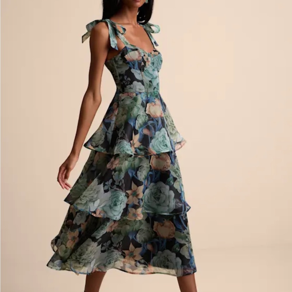 Playfully Posh Black Floral Organza Tie-Strap Tiered Midi Dress (never worn)